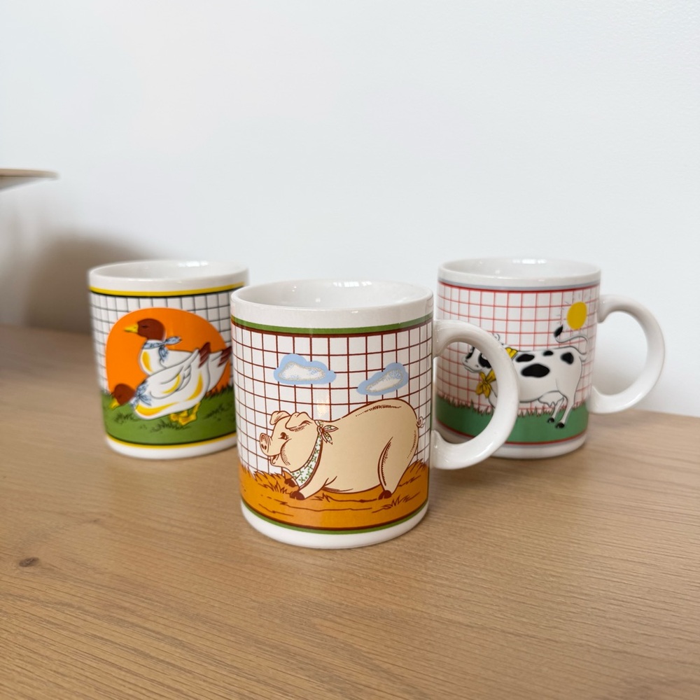 Vintage Set of 4 3 Interpur Farm Animal Mugs Country Farmhouse Pig, Cow and Duck